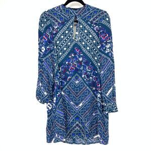 Express Shift Dress Womens Sz M Long Sleeve Keyhole Neck Blue Geometric Print